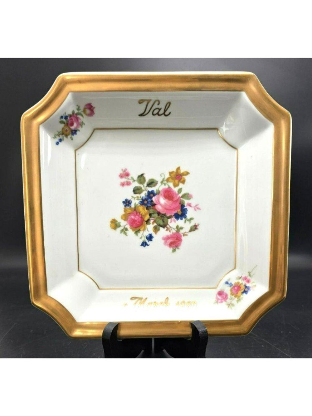 Personalized Vintage Porcelain Plate With Gold Trim & Floral Design 1980 VL5007